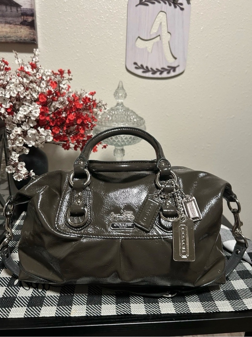 COACH❤️Madison Sabrina Graphite Gray Y2K Crinkle Patent Leather Satchel 2009